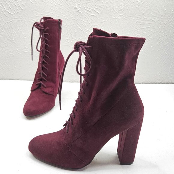 Steve Madden High Heel Boots Red Burgundy Dressy Lace Up Ankle Booties Size 5.5 - Picture 1 of 11